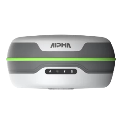 Alpha Surveying 5W reciever facing forward, showing logo's and LED's